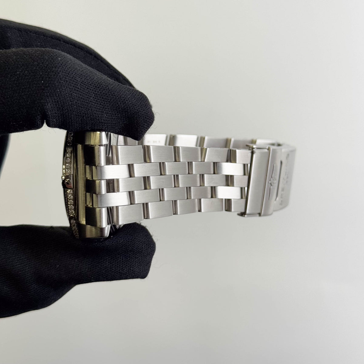 Breitling Chronomat 01 Steel 43.5mm Black Chronograph dial Watch Custom Diamond Bezel Steel Bracelet Ref# AB011110/BA50