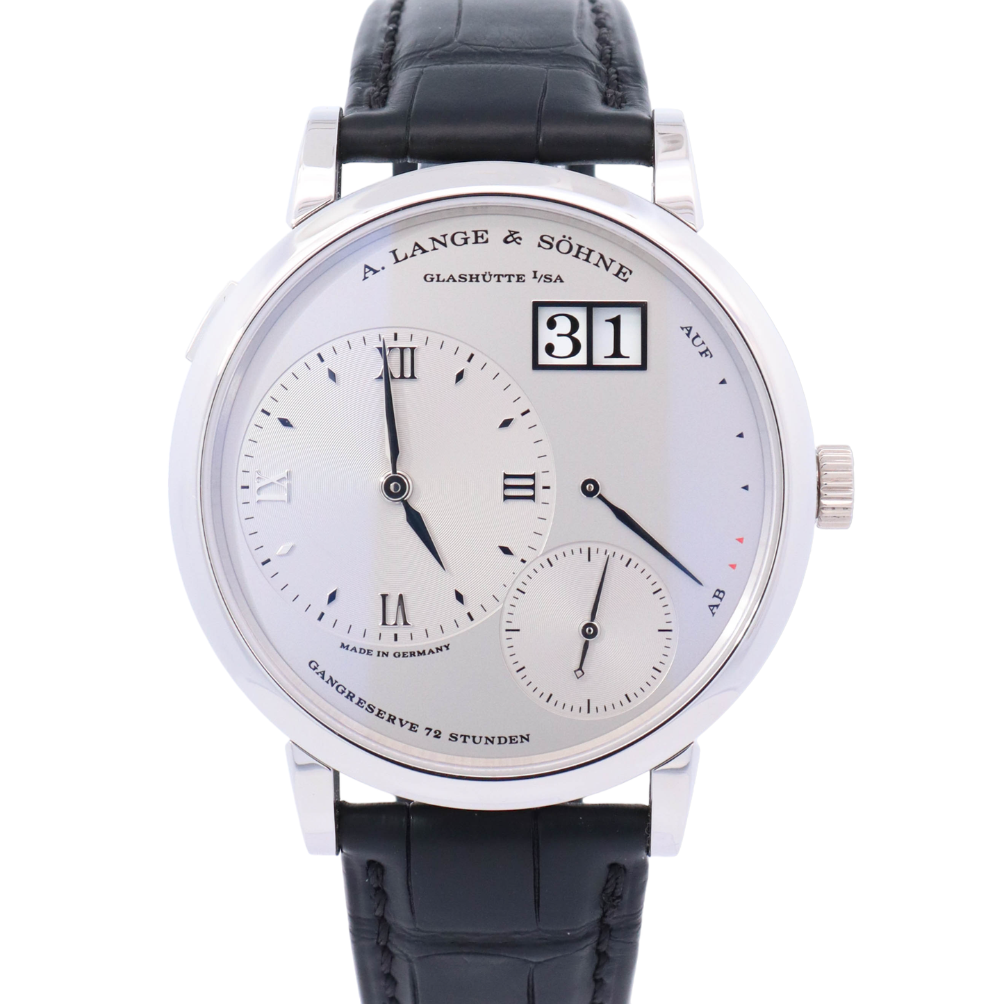 A. Lange & Sohne Grand Lange 1 41mm Platinum Silver Dial Watch Reference# 117.025 - Happy Jewelers Fine Jewelry Lifetime Warranty