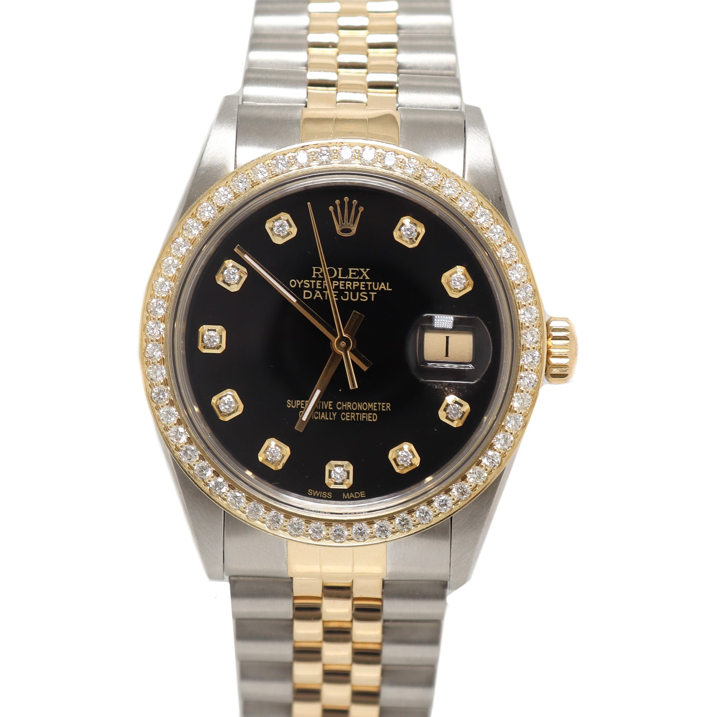 Load image into Gallery viewer, Rolex Datejust Two Tone Yellow Gold &amp;amp; Steel 36mm Custom Black Diamond Dial Watch  Reference# 16233 - Happy Jewelers Fine Jewelry Lifetime Warranty
