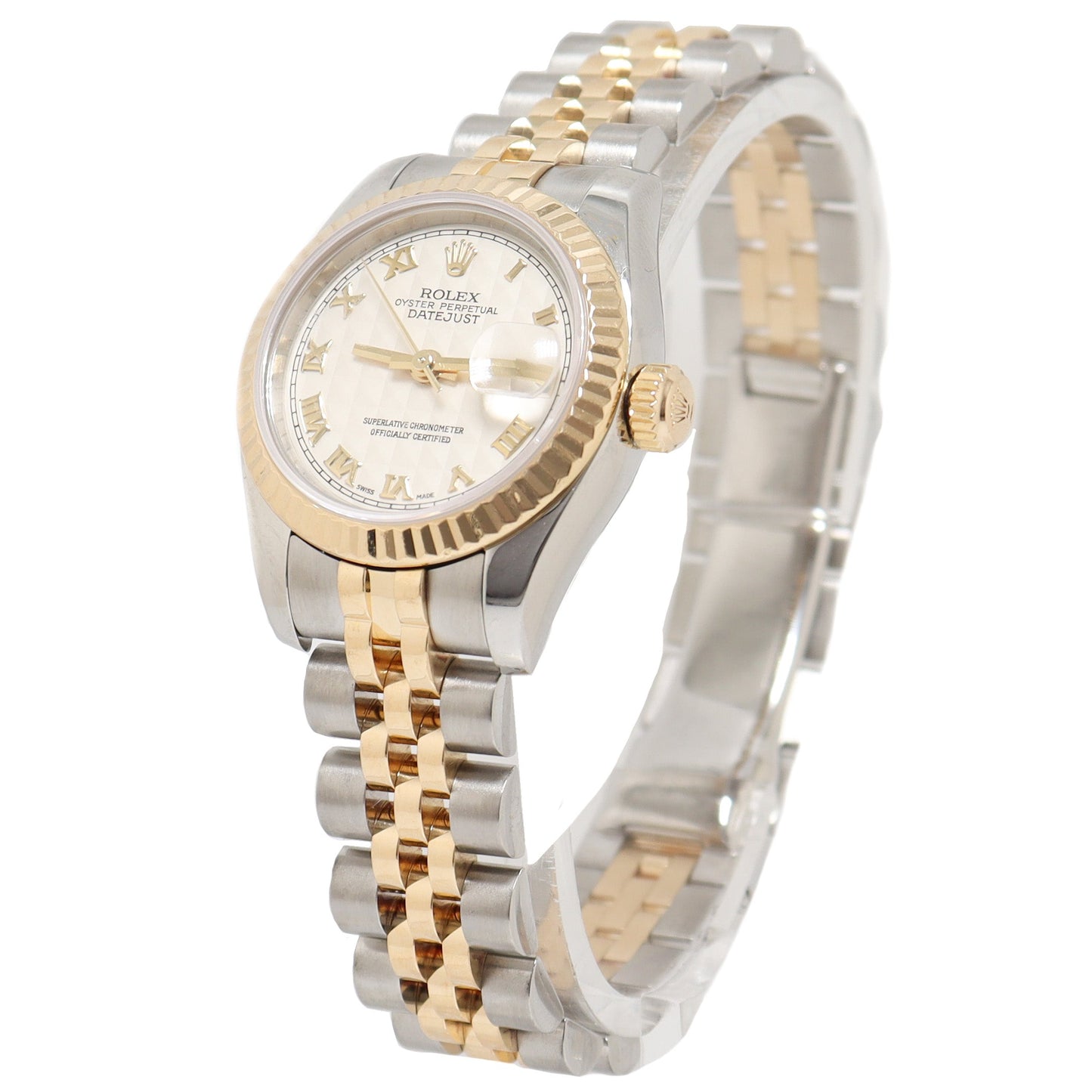 Rolex Ladies Datejust Yellow Gold and Stainless Steel 26mm Ivory Pyramid Roman Dial Reference# 179173 - Happy Jewelers Fine Jewelry Lifetime Warranty