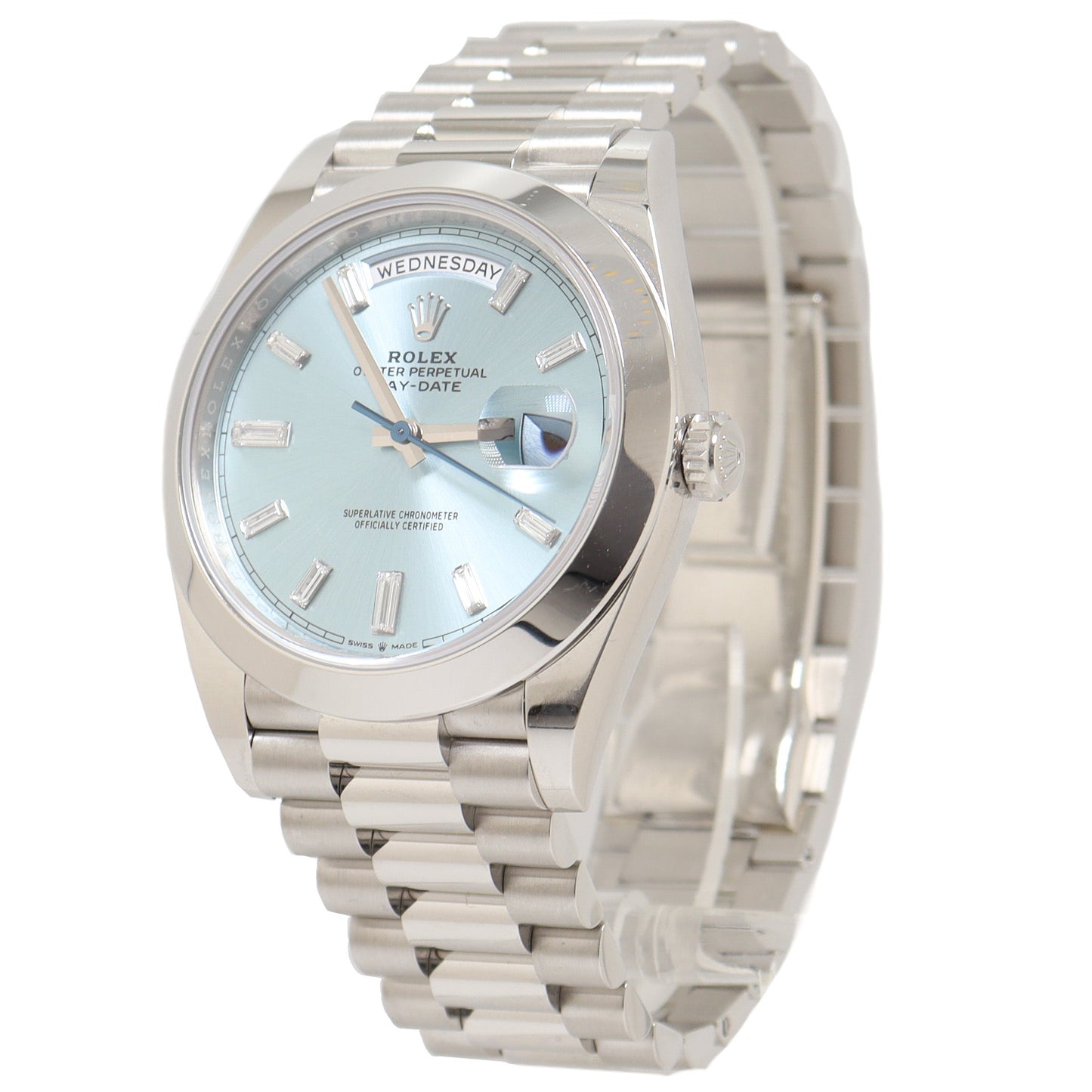 Rolex Men's Day Date Platinum 40mm Ice Blue Baguette Diamond Dial Watch Ref# 228206 - Happy Jewelers Fine Jewelry Lifetime Warranty