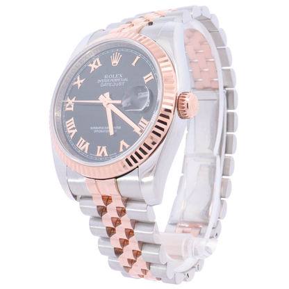Rolex Datejust 36mm Rose Gold & Stainless Black Roman Dial Watch Reference# 116231 - Happy Jewelers Fine Jewelry Lifetime Warranty
