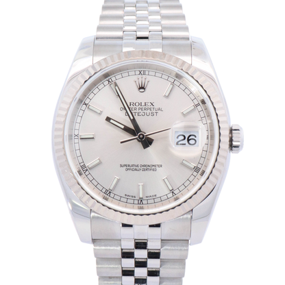 Rolex Datejust TT Stainless Steel & White Gold 36mm Silver Stick Dial Watch Reference#: 116234 - Happy Jewelers Fine Jewelry Lifetime Warranty