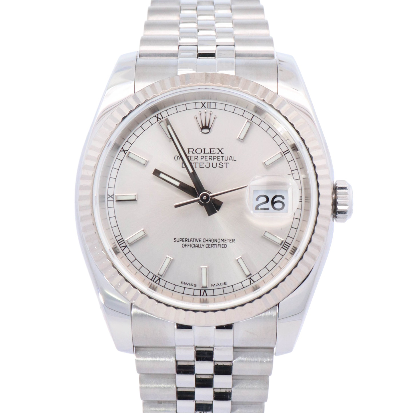 Rolex Datejust TT Stainless Steel & White Gold 36mm Silver Stick Dial Watch Reference#: 116234 - Happy Jewelers Fine Jewelry Lifetime Warranty