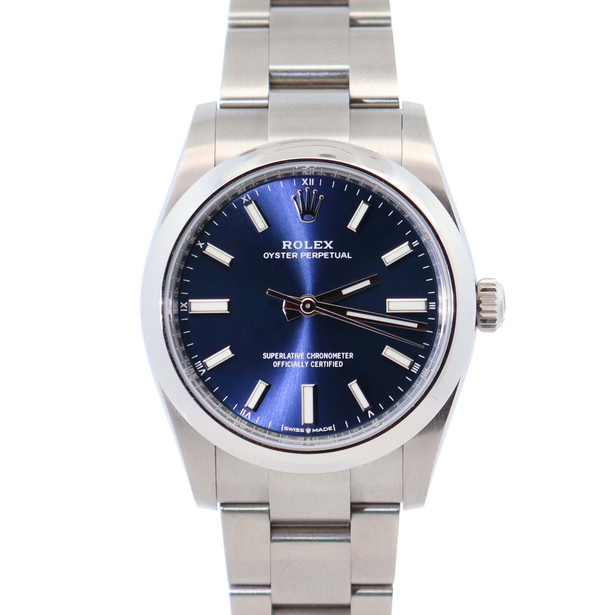 Rolex Oyster Perpetual 34mm Blue Dial Watch Ref# 124200 - Happy Jewelers Fine Jewelry Lifetime Warranty