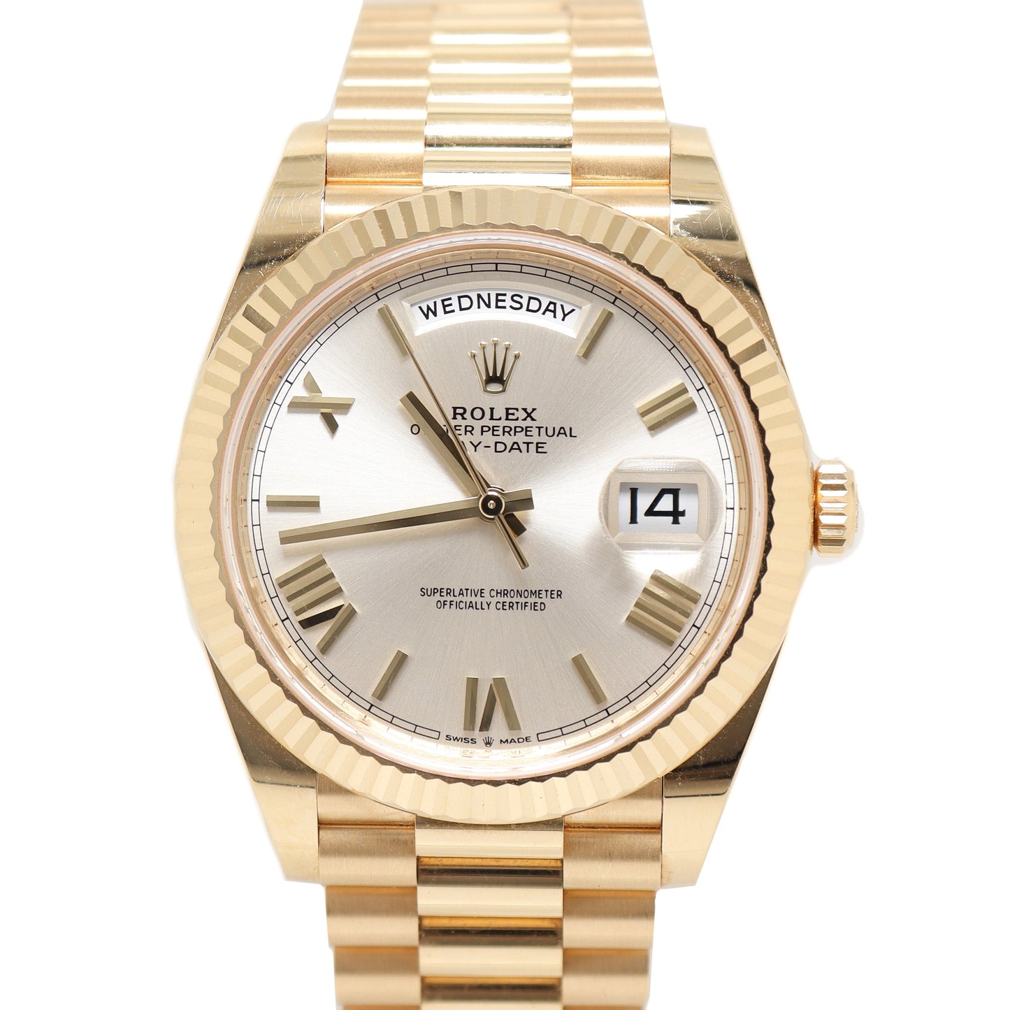 Rolex Day Date Yellow Gold 40mm Silver Roman Dial Watch Reference# 228238 - Happy Jewelers Fine Jewelry Lifetime Warranty