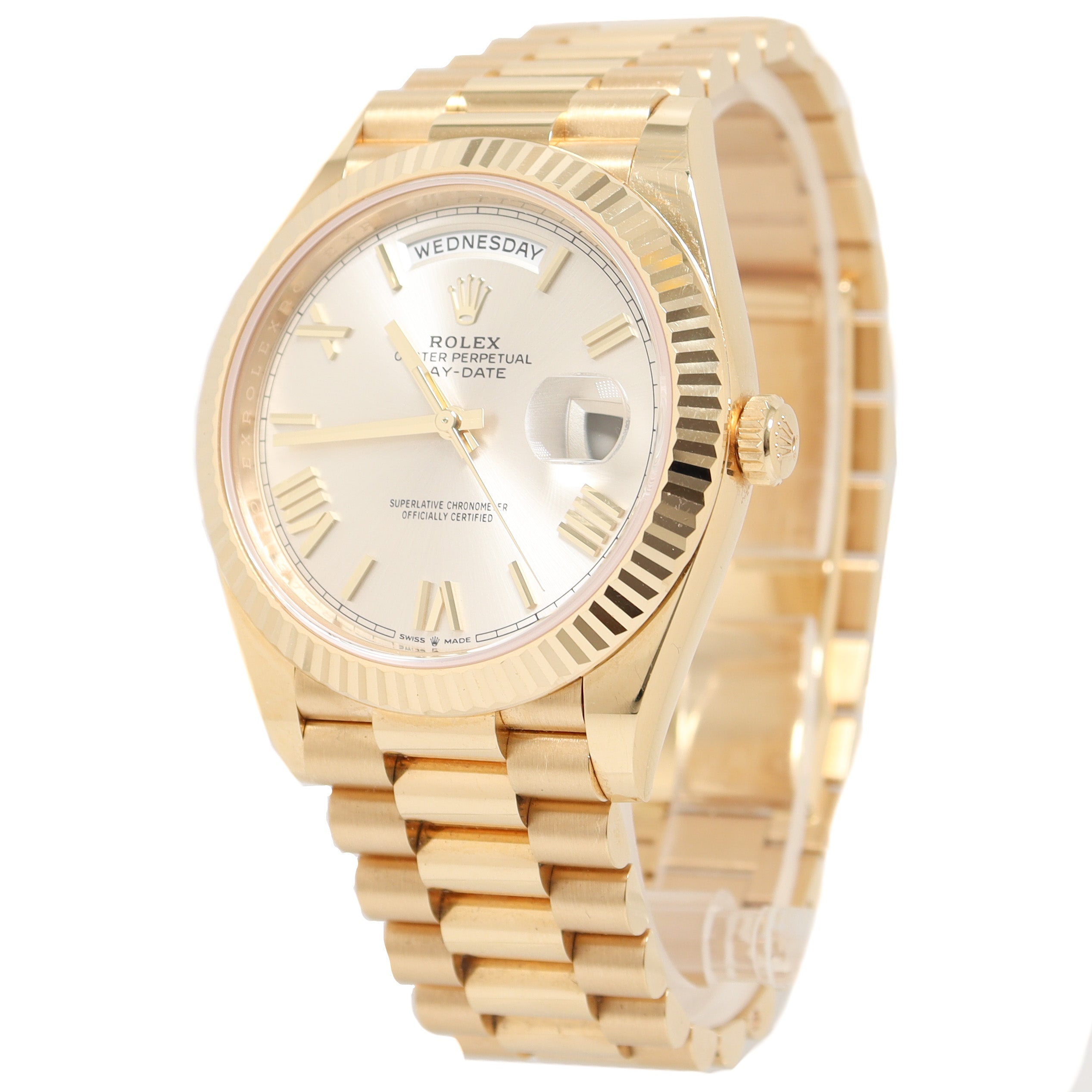 Rolex Men's Day Date Yellow Gold 40mm Silver Roman Dial Watch Reference# - Happy Jewelers Fine Jewelry Lifetime Warranty