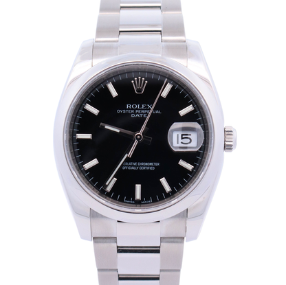 Rolex Oyster Perpetual Date 34mm Stainless Steel Black Stick Dial Watch Reference# 115200 - Happy Jewelers Fine Jewelry Lifetime Warranty