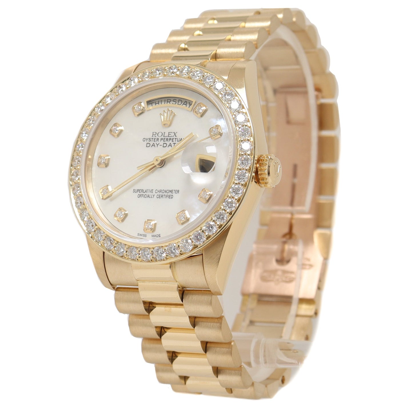 Rolex Day Date Yellow Gold 36mm Custom White MOP Diamond Dial Watch Reference# 18038 - Happy Jewelers Fine Jewelry Lifetime Warranty