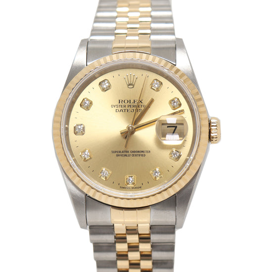 Rolex Datejust Two Tone Yellow Gold & Steel 36mm Factory Champagne Diamond Dial Watch Reference#: 16233 - Happy Jewelers Fine Jewelry Lifetime Warranty