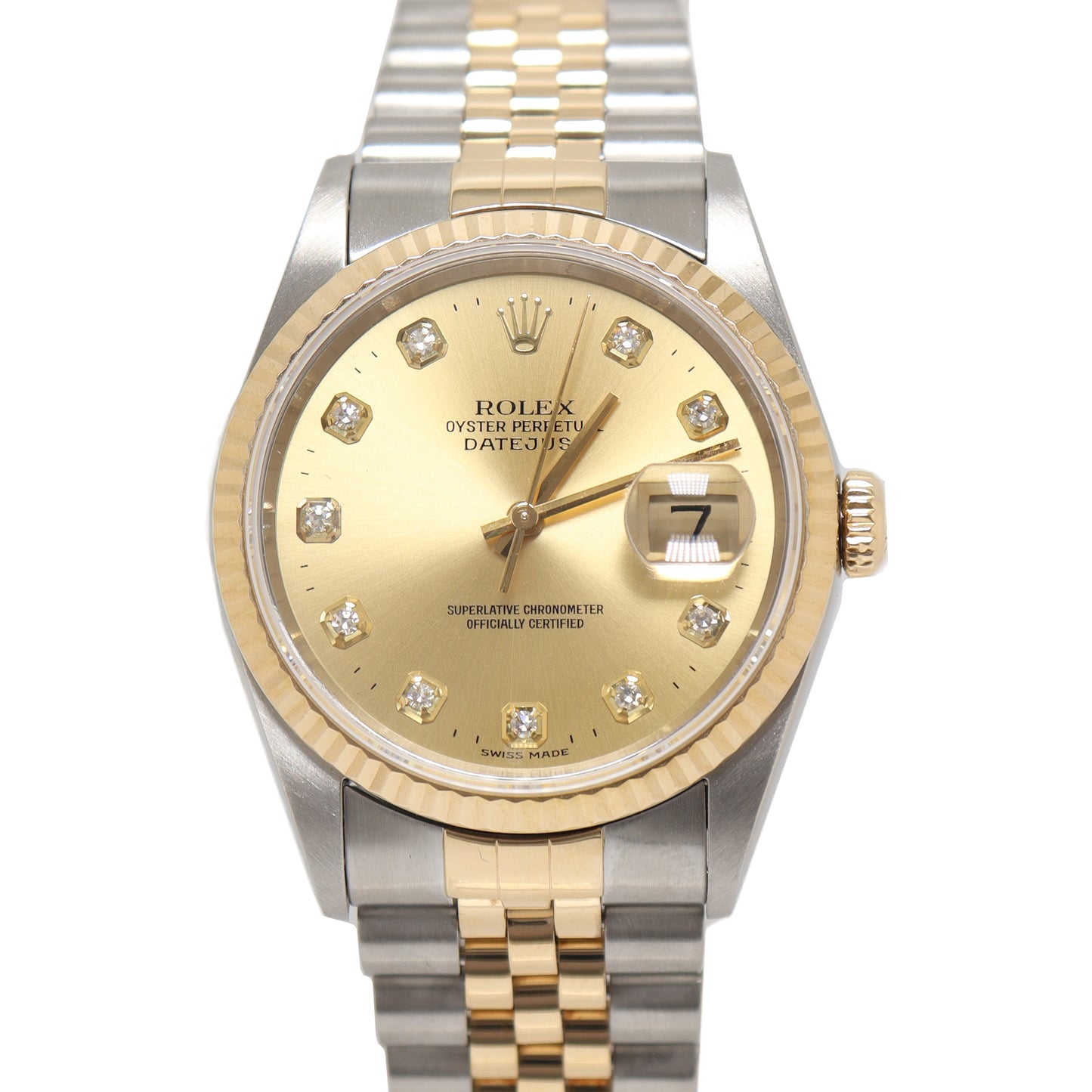 Rolex Datejust Stainless Steel Yellow Gold 36mm Champagne Diamond Dial Watch Reference #: 16233 - Happy Jewelers Fine Jewelry Lifetime Warranty