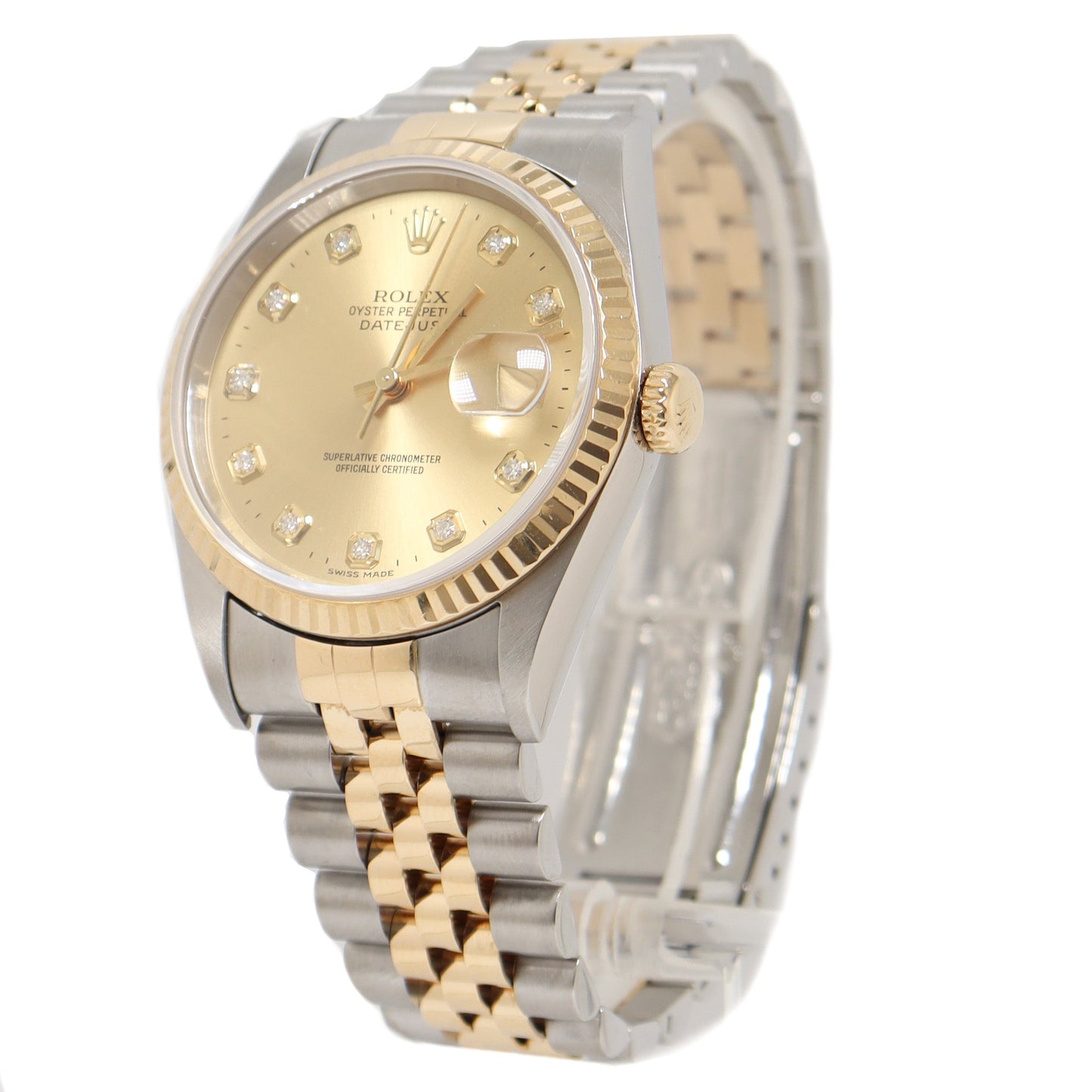 Rolex Datejust Stainless Steel Yellow Gold 36mm Champagne Diamond Dial Watch Reference #: 16233 - Happy Jewelers Fine Jewelry Lifetime Warranty