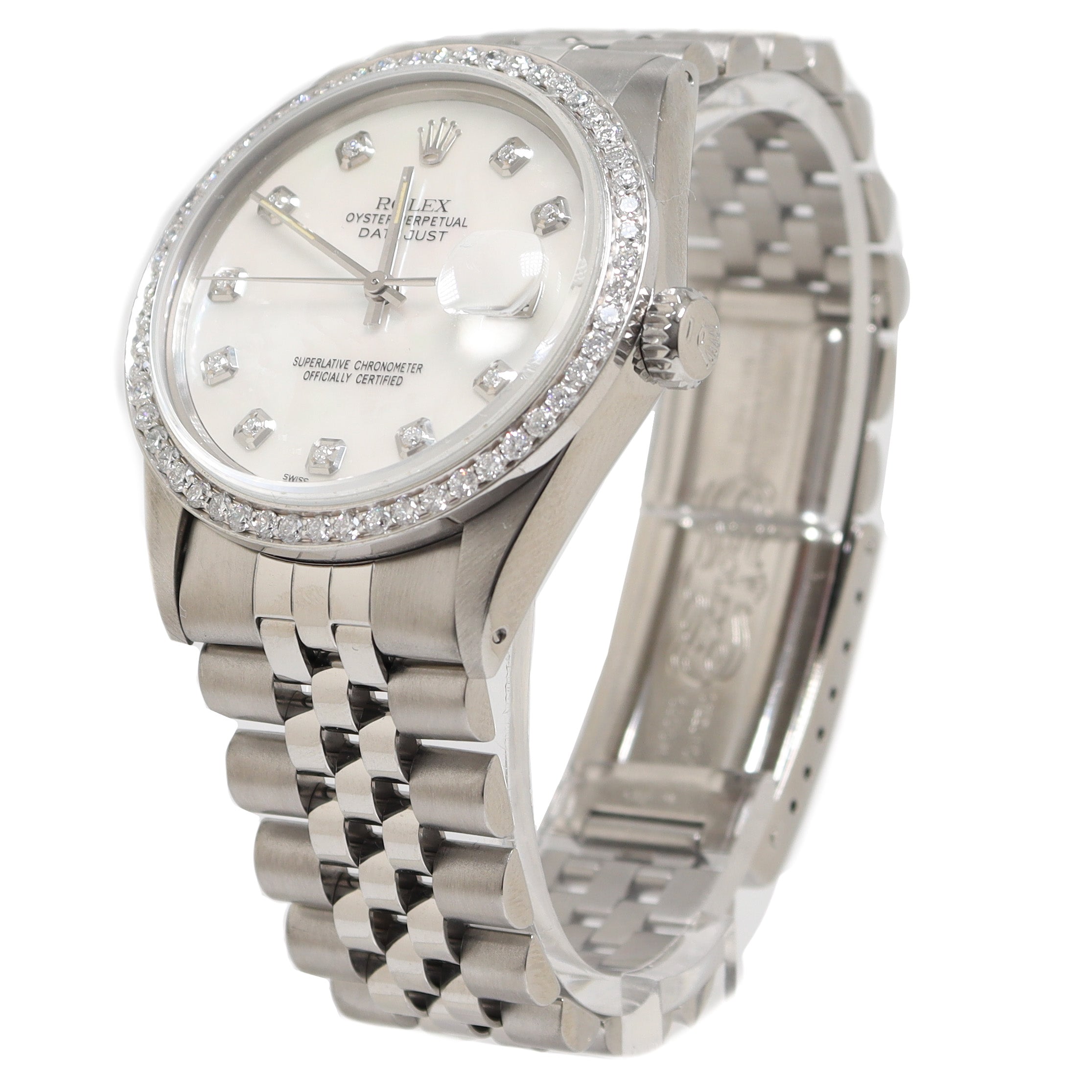 Rolex Day Date Stainless Steel 36mm Custom White MOP Diamond Dial Watch Reference# 16030 - Happy Jewelers Fine Jewelry Lifetime Warranty