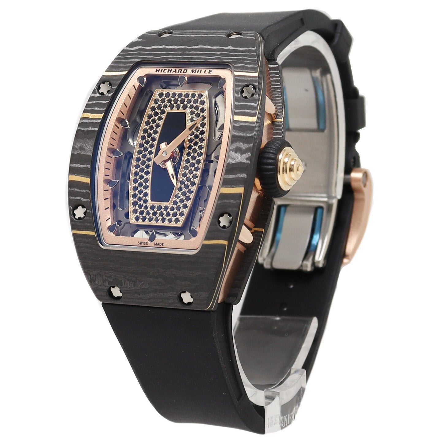 Ladies Richard Mille RM 07-01 Carbon TPT 45.66 x 31.40mm Skeleton Dial with Black Sapphires Reference# RM 07-01 - Happy Jewelers Fine Jewelry Lifetime Warranty