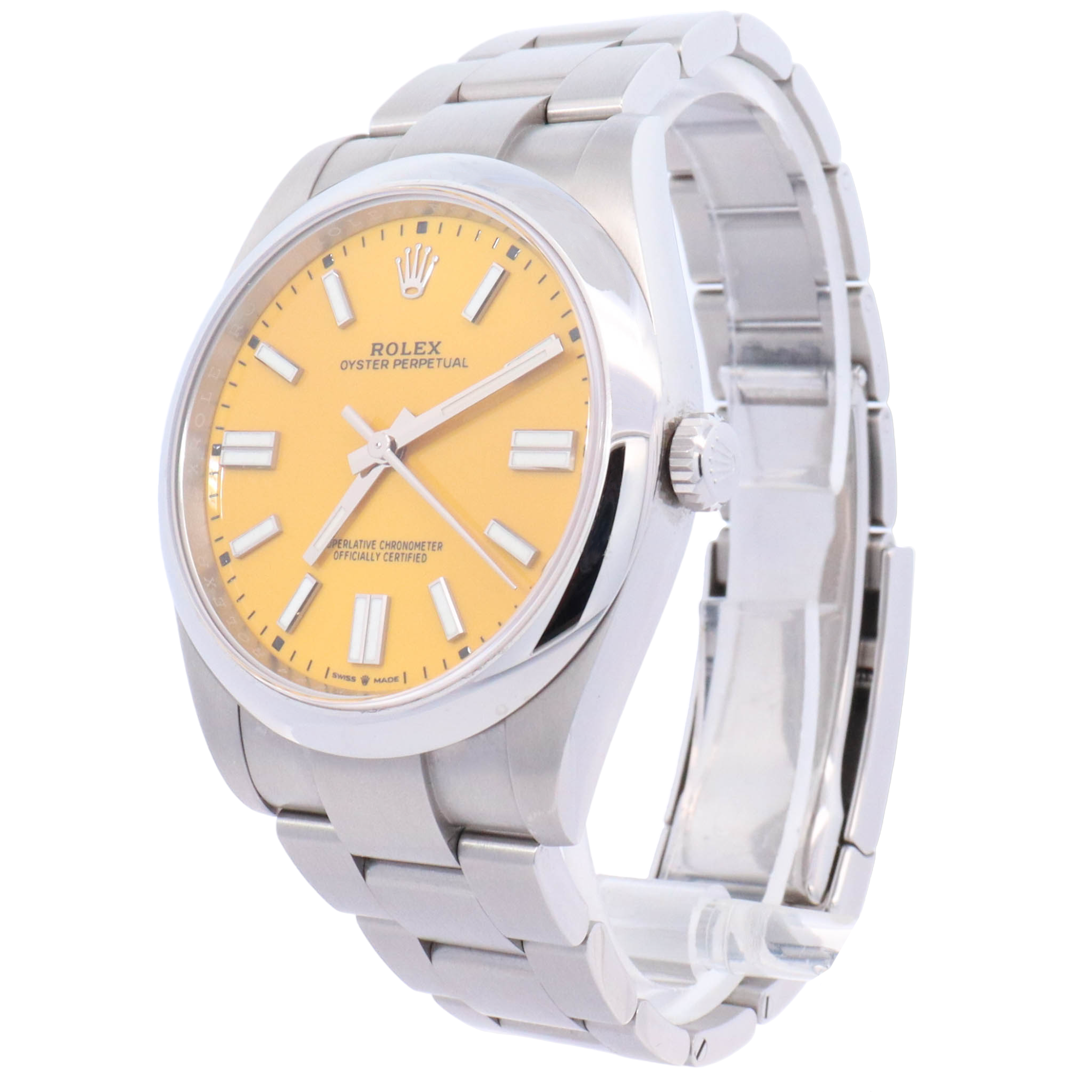 Rolex Oyster Perpetual 41mm Stainless Steel Yellow Stick Dial Watch Reference# 124300 - Happy Jewelers Fine Jewelry Lifetime Warranty