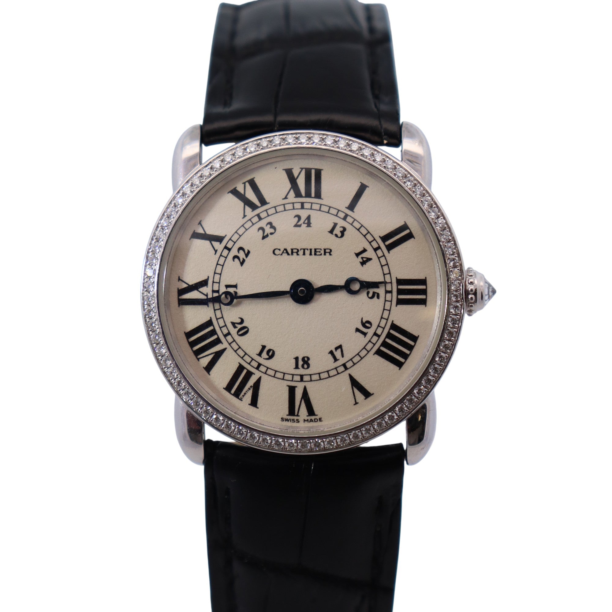 Cartier Ronde Louis 28mm 18K White Gold Cream Roman Dial Watch Factory Diamond Bezel With Black Leather Strap REF# 2887 - Happy Jewelers Fine Jewelry Lifetime Warranty