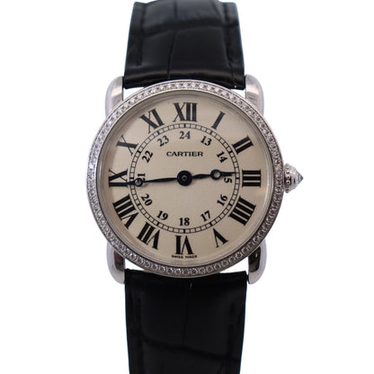 Cartier Ronde Louis 28mm 18K White Gold Cream Roman Dial Watch Factory Diamond Bezel With Black Leather Strap REF# 2887 - Happy Jewelers Fine Jewelry Lifetime Warranty