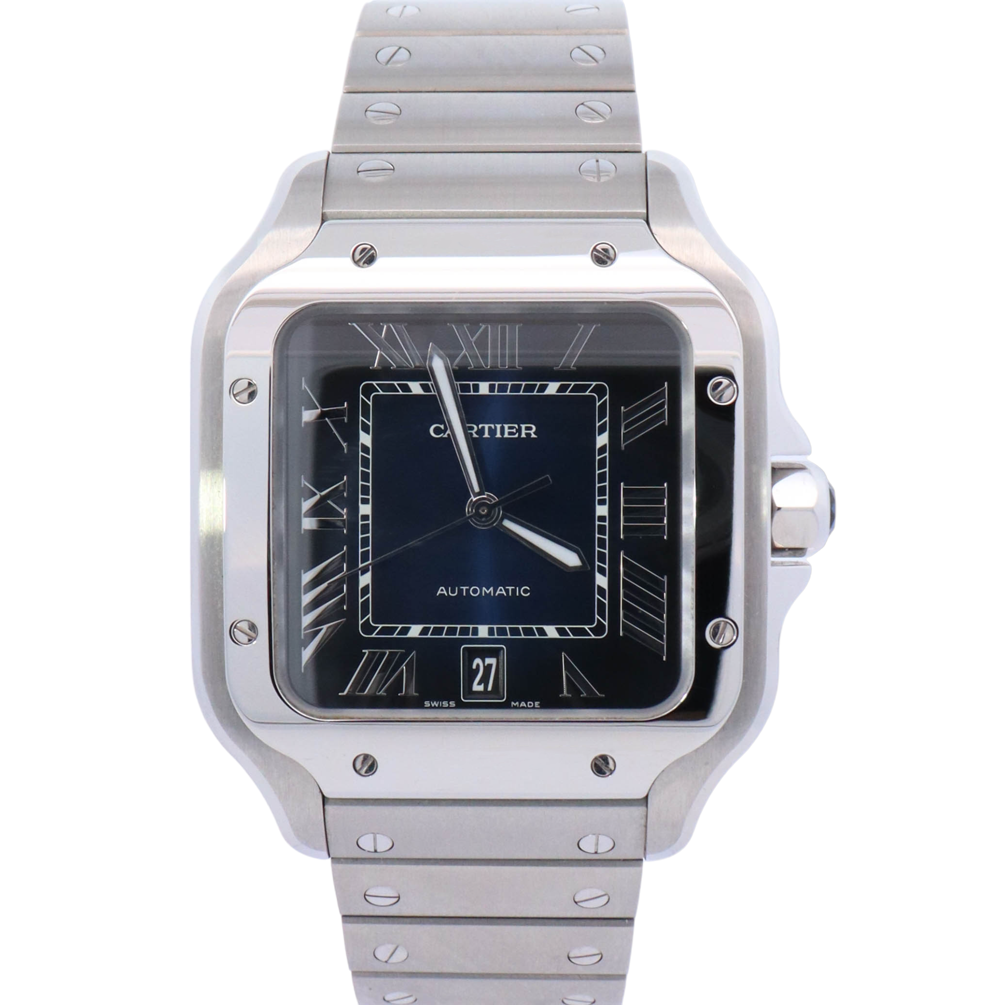 Cartier Santos 40mm Stainless Steel Blue Roman Dial Watch Reference# WSSA0030 - Happy Jewelers Fine Jewelry Lifetime Warranty