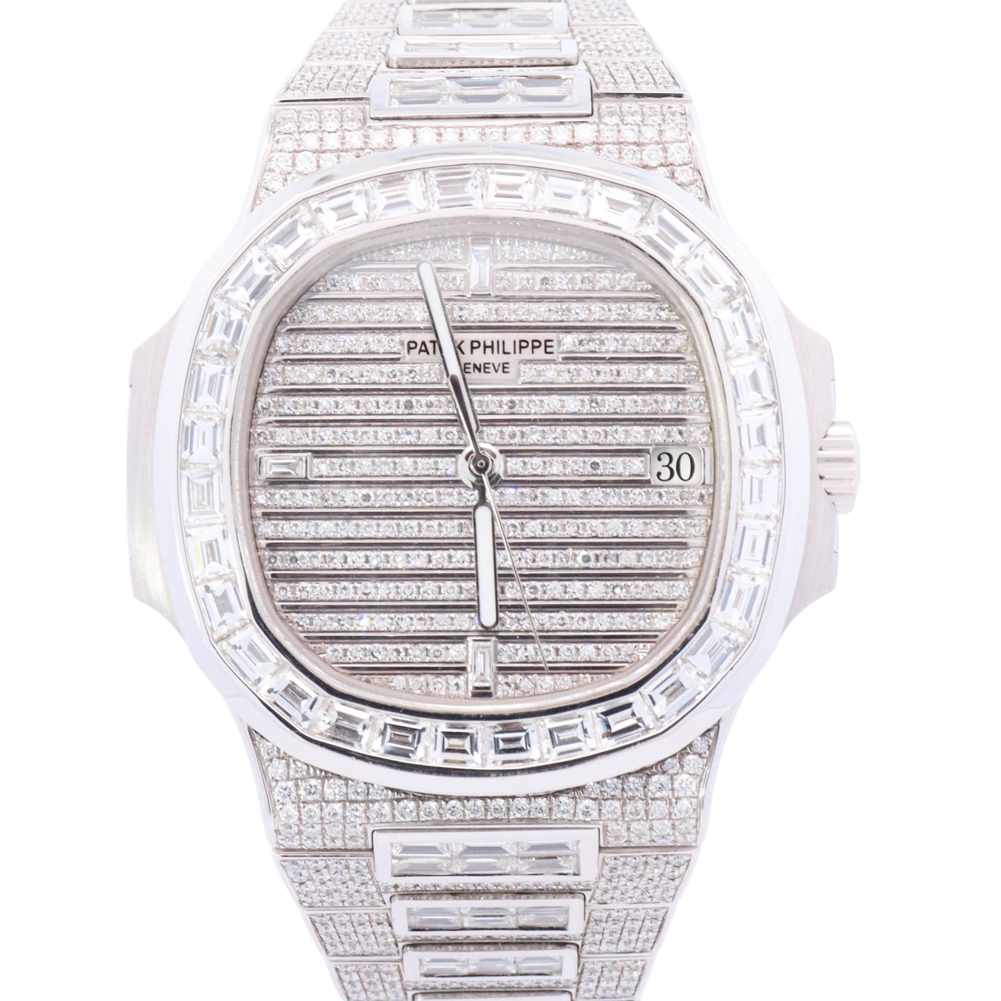 Patek Philippe Nautilus 40mm Iced Out Stainless Steel Pave Diamond Dia Happy Jewelers