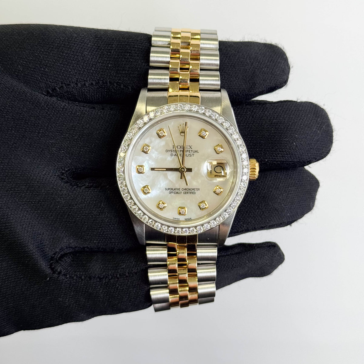 Rolex Datejust 36mm Custom Diamond Mother of Pearl Dial Watch with Custom Diamond Bezel Ref# 16233