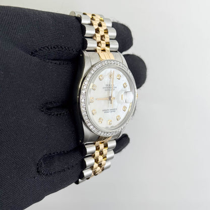Rolex Datejust 36mm Custom Diamond Mother of Pearl Dial Watch with Custom Diamond Bezel Ref# 16233