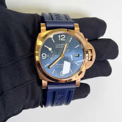 Panerai Luminor Marina Goldtech 44mm Blue Dial Watch Ref# PAM01112 - Happy Jewelers Fine Jewelry Lifetime Warranty