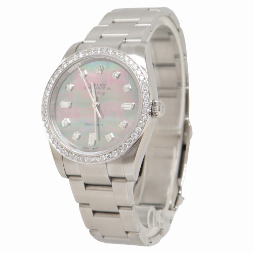 Rolex Mens Air King Stainless Steel 34MM Custom Dark MOP Diamond Dial Watch Reference# 114200 - Happy Jewelers Fine Jewelry Lifetime Warranty