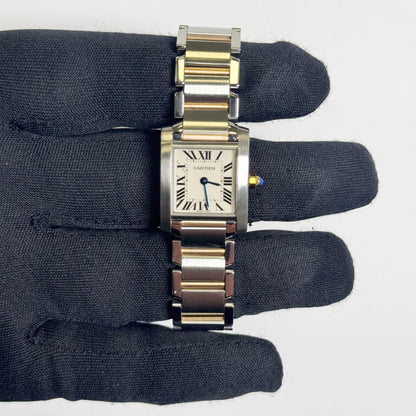 Cartier Tank Two-Tone Yellow Gold & Steel 25x20mm White Dial Watch Ref# W51007Q4 - Happy Jewelers Fine Jewelry Lifetime Warranty