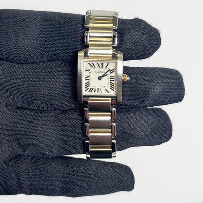 Cartier Tank Two-Tone Yellow Gold & Steel 25x20mm White Dial Watch Ref# W51007Q4 - Happy Jewelers Fine Jewelry Lifetime Warranty