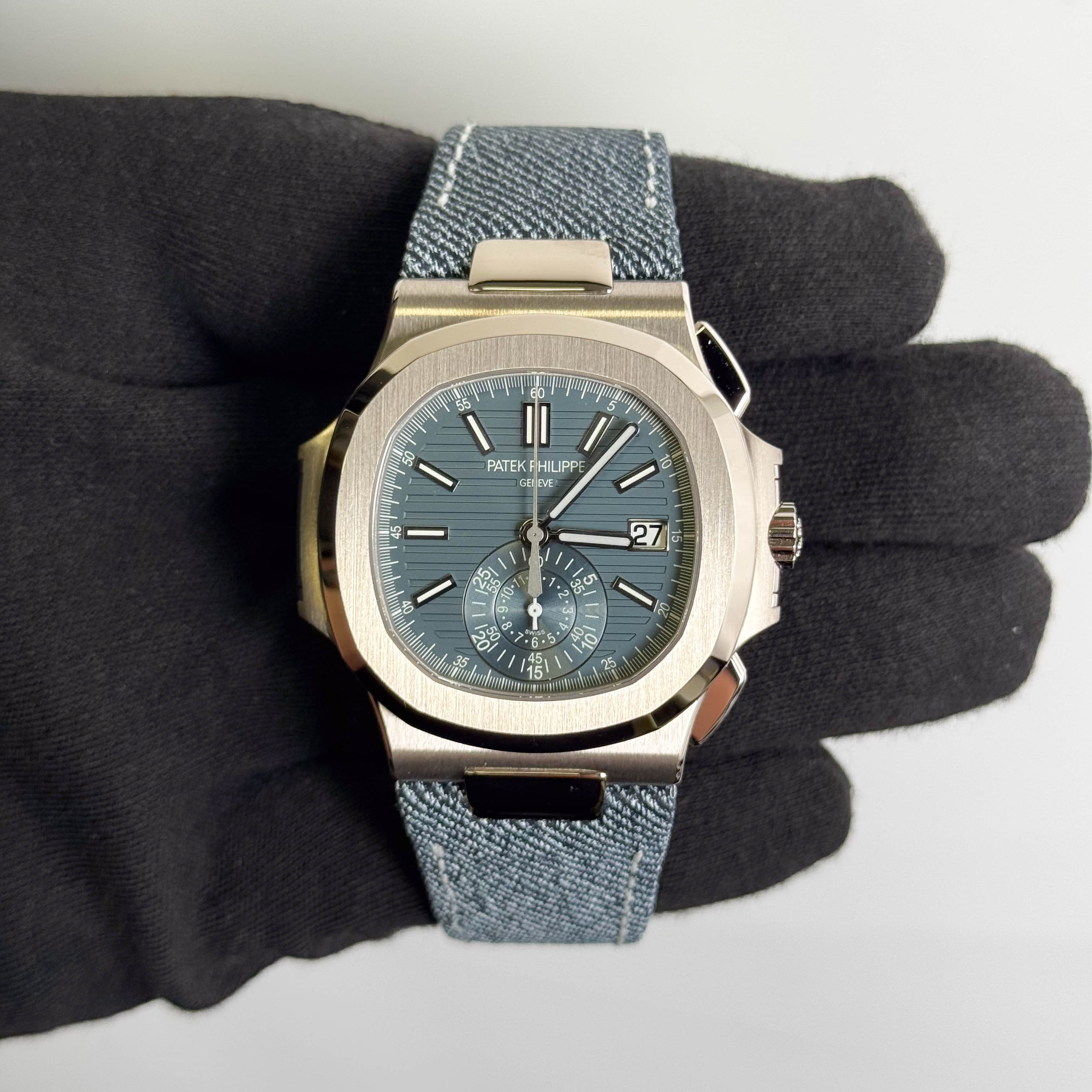 Patek Philippe Nautilus 40.5mm Blue Stick Dial Watch Ref# 5980/60G-001
