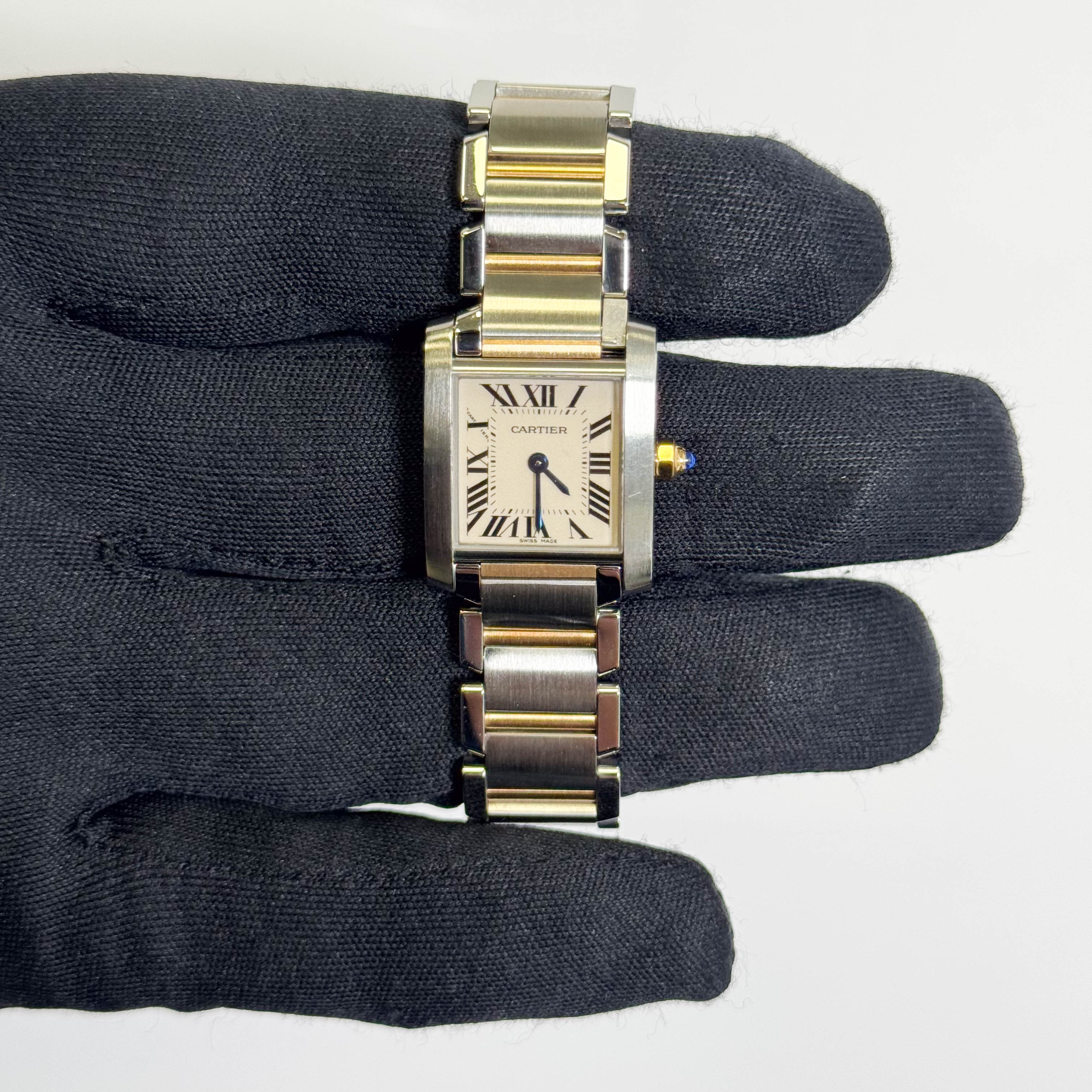 Cartier Tank Two-Tone Yellow Gold & Steel 25x20mm White Dial Watch Ref# W51007Q4 - Happy Jewelers Fine Jewelry Lifetime Warranty