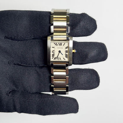 Cartier Tank Two-Tone Yellow Gold & Steel 25x20mm White Dial Watch Ref# W51007Q4 - Happy Jewelers Fine Jewelry Lifetime Warranty