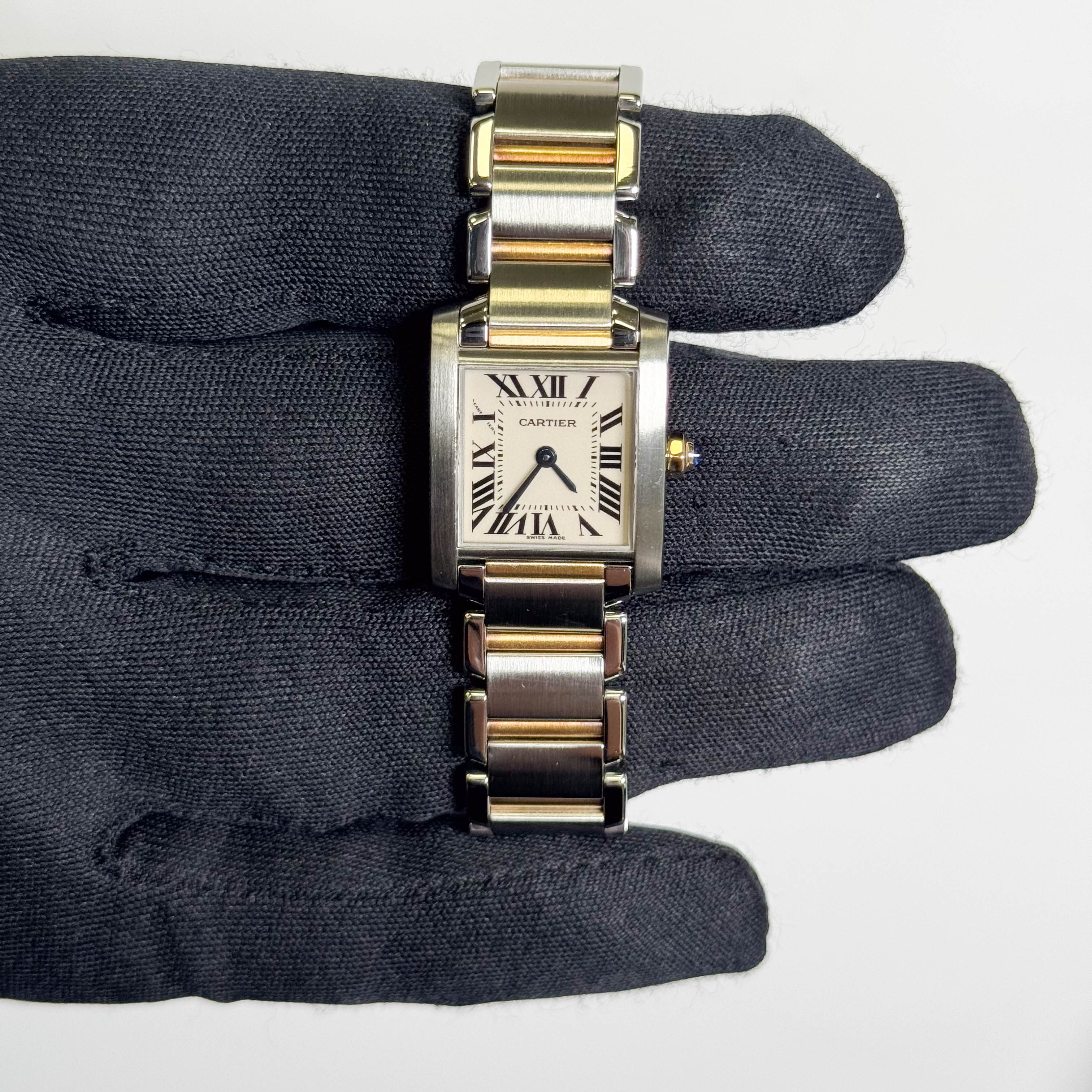 Cartier Tank Two-Tone Yellow Gold & Steel 25x20mm White Dial Watch Ref# W51007Q4 - Happy Jewelers Fine Jewelry Lifetime Warranty