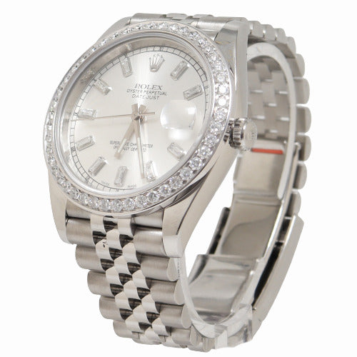 Rolex Mens Datejust Stainless Steel 41mm Custom Diamond Baguette Silver Dial Watch Reference# 126300 - Happy Jewelers Fine Jewelry Lifetime Warranty