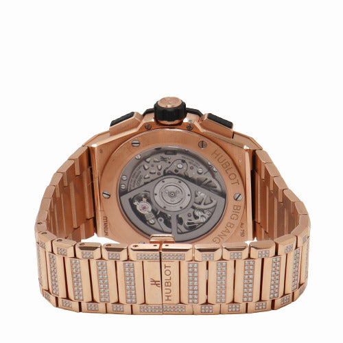 Hublot Mens Big Bang Integrated King Gold Pave Rose Gold Skeleton Dial Watch Matte Black Skeleton Dial Watch Reference# 451.OX.1180.OX.3704 - Happy Jewelers Fine Jewelry Lifetime Warranty