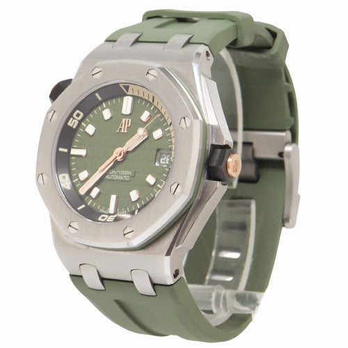 Audemars Piguet Mens Royal Oak Offshore Stainless Steel 42mm Khaki Green Dial with "Mega Tapisserie Dial Watch Reference# 15720ST.OO.A052CA.01 - Happy Jewelers Fine Jewelry Lifetime Warranty