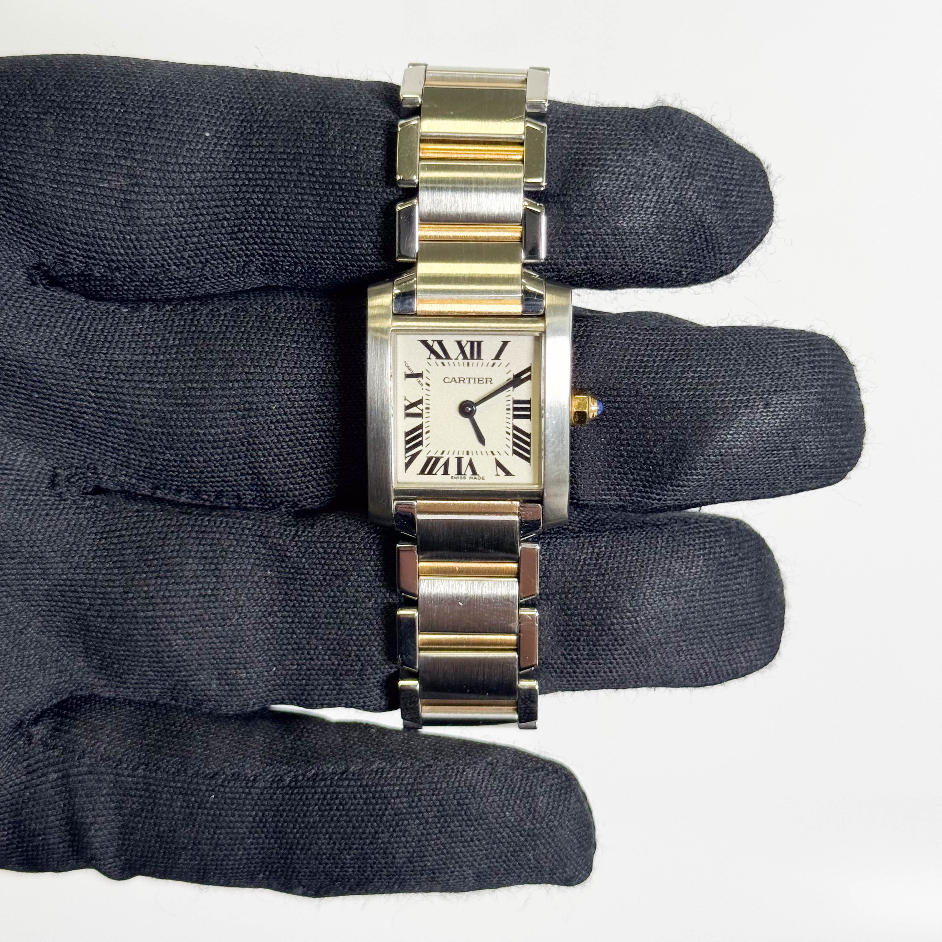 Cartier Tank Two-Tone Yellow Gold & Steel 25x20mm White Dial Watch Ref# W51007Q4 - Happy Jewelers Fine Jewelry Lifetime Warranty