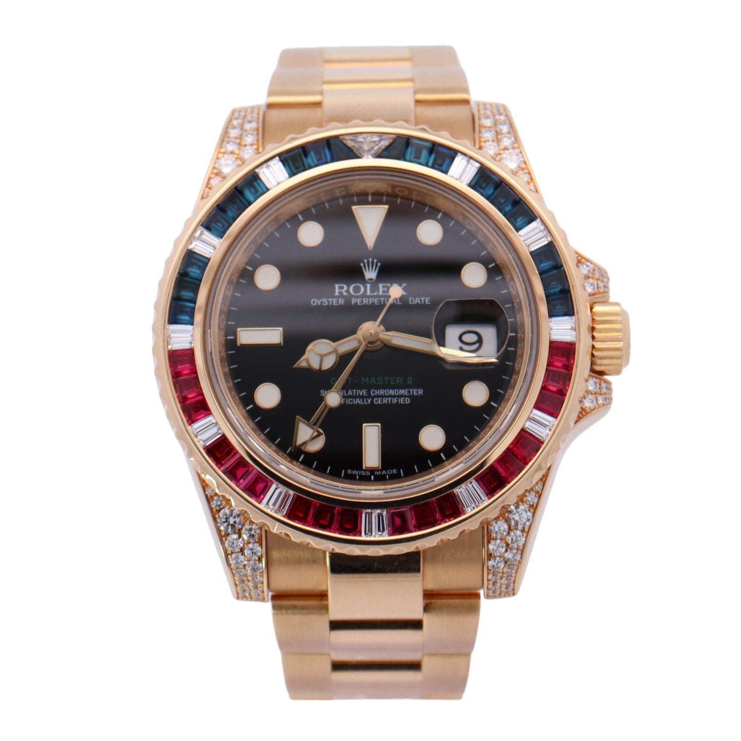 Rolex GMT Master II Yellow Gold 40mm Black Dot Dial Watch Reference #: 116758SARU - Happy Jewelers Fine Jewelry Lifetime Warranty