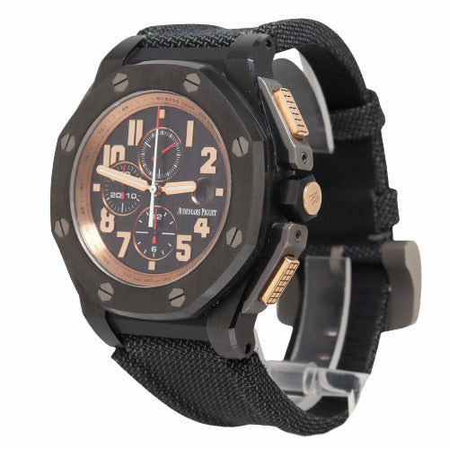 Audemars Piguet Mens Royal Oak Offshore Arnold Schwarzeneggar The Legacy Chronograph 48mm Black Mega Tapisserie Dial Watch Reference# 26378IO.OO.A001KE.01 - Happy Jewelers Fine Jewelry Lifetime Warranty