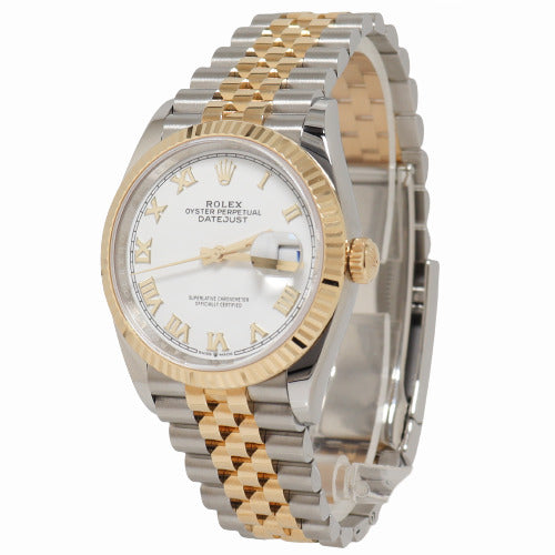 Rolex Datejust Yellow Gold & Stainless Steel 36mm White Roman Dial Watch Reference# 126233 - Happy Jewelers Fine Jewelry Lifetime Warranty