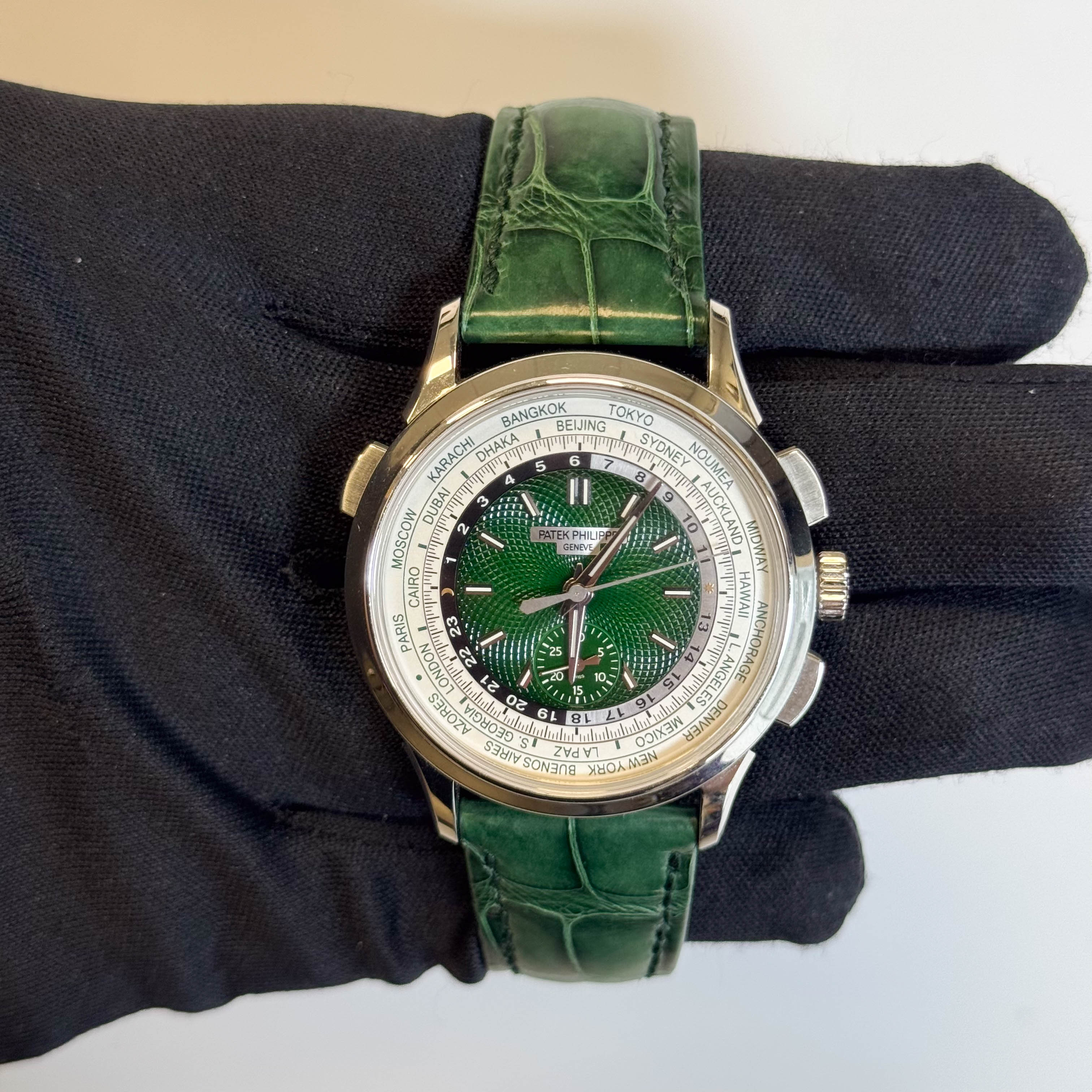 Patek Philippe World Time 39.5mm Green Dial Watch Ref# 5930P-001