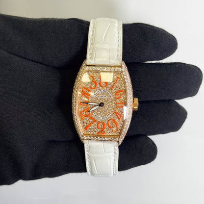 Frank Muller Cintree Curvex 32x45mm  Factory Pave Orange Dial Watch Ref# 5850 CH D CD