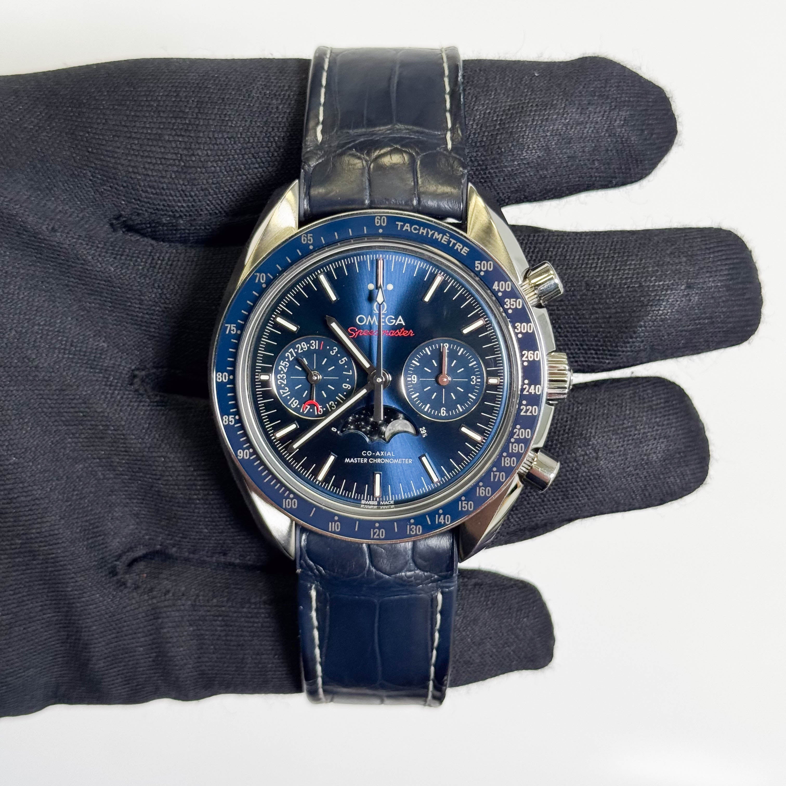 Omega Speedmaster Moonphase 44.25mm Blue Chronograph Dial Watch Ref# 304.33.44.52.03.001 - Happy Jewelers Fine Jewelry Lifetime Warranty