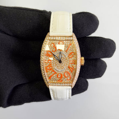 Frank Muller Cintree Curvex 32x45mm  Factory Pave Orange Dial Watch Ref# 5850 CH D CD