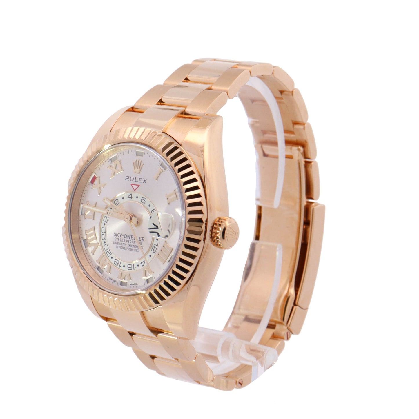 Rolex SkyDweller 42mm Yellow Gold Silver Roman Dial Watch Reference #: 326938 - Happy Jewelers Fine Jewelry Lifetime Warranty