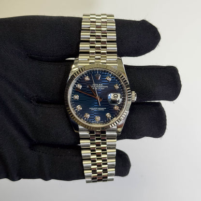 Rolex Datejust 36mm Blue Fluted Motif Diamond Dial Watch Ref# 126234