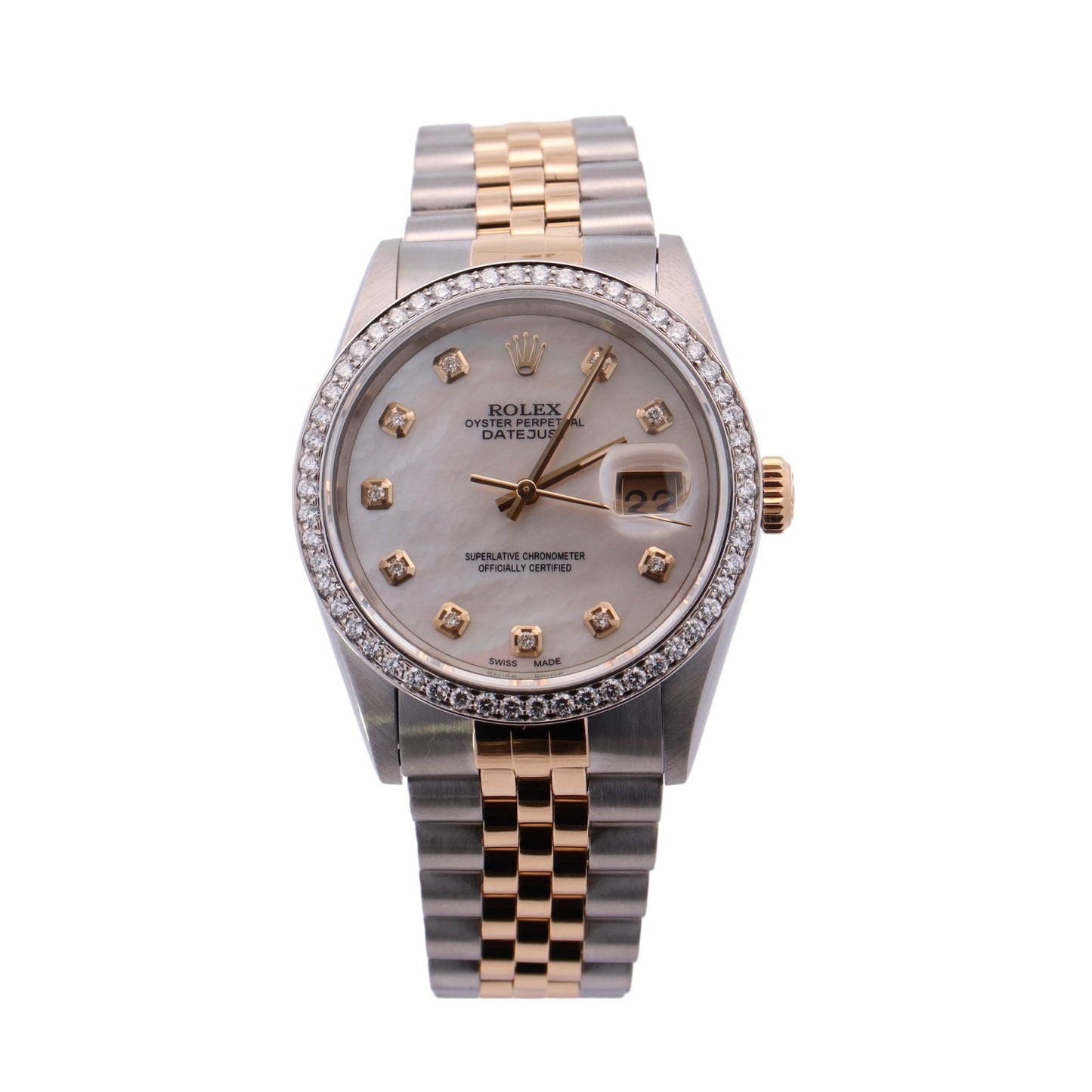 Rolex Datejust Two Tone Yellow Gold &  Stainless Steel 36mm White MOP Diamond Dial Watch Reference# 16233 - Happy Jewelers Fine Jewelry Lifetime Warranty