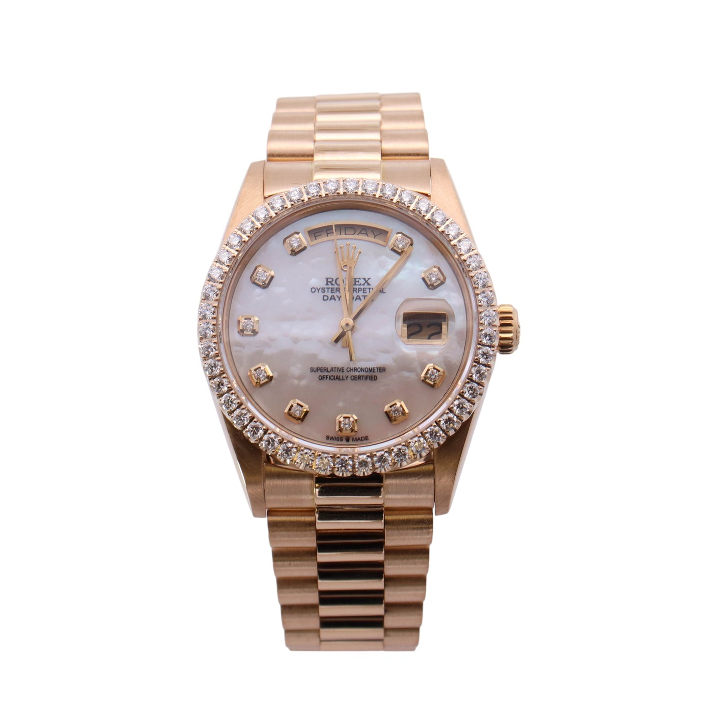 Rolex Day-Date Yellow Gold 36mm White MOP Diamond Dial Watch Reference #: 18038 - Happy Jewelers Fine Jewelry Lifetime Warranty