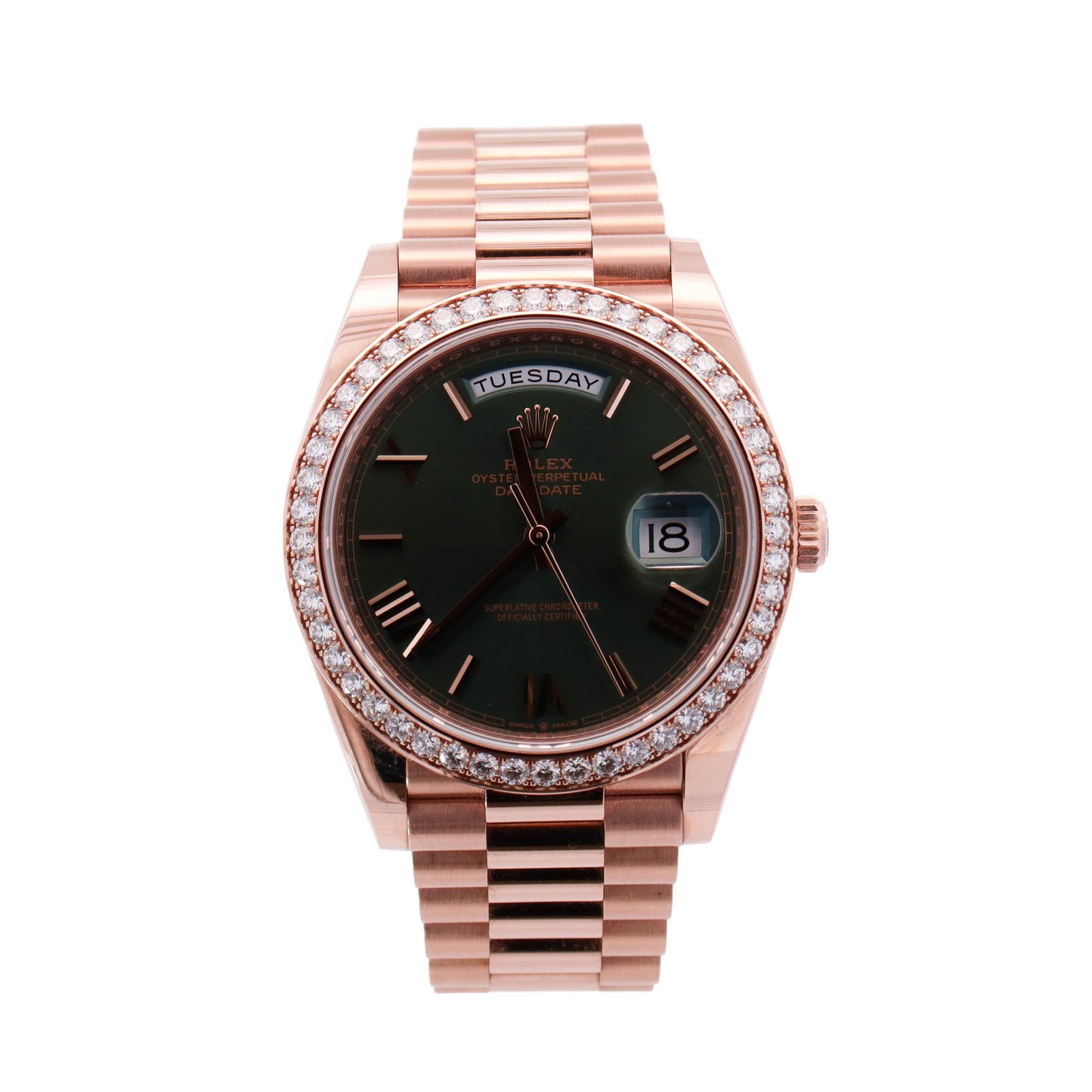 Rolex Day-Date Rose Gold 40mm Olive Roman Dial Watch Ref# 228345RBR - Happy Jewelers Fine Jewelry Lifetime Warranty