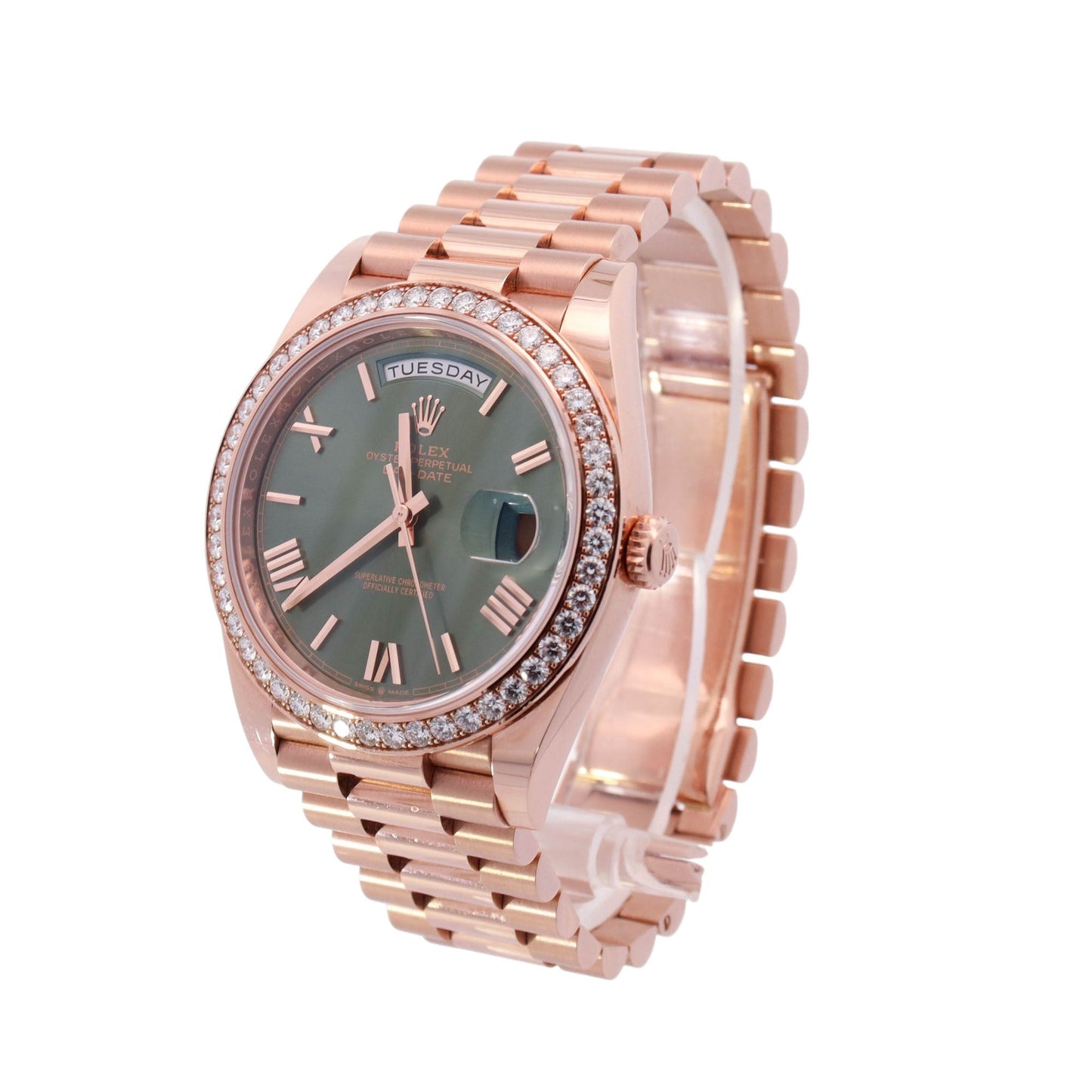 Rolex Day-Date Rose Gold 40mm Olive Roman Dial Watch Ref# 228345RBR - Happy Jewelers Fine Jewelry Lifetime Warranty